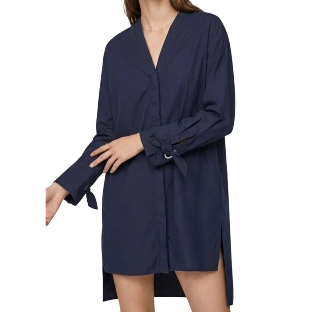 Zara Navy Blue High Low V-Neck Tunic Dress Tie Cuff Detail Women's Medium